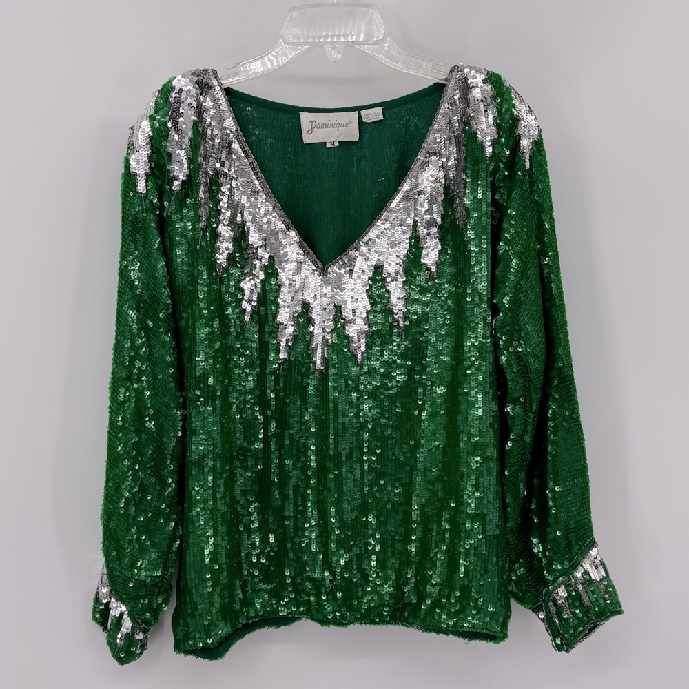 Vintage Dominique 100% Silk Green Sequin V Neck Long Sleeve Top Sz M